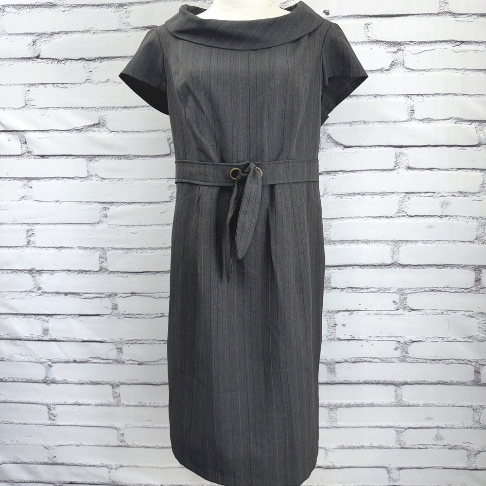 Karin Stevens Womens Gray Pink Pinstripe Cowl Neck Belted Sheath Dress Size 14